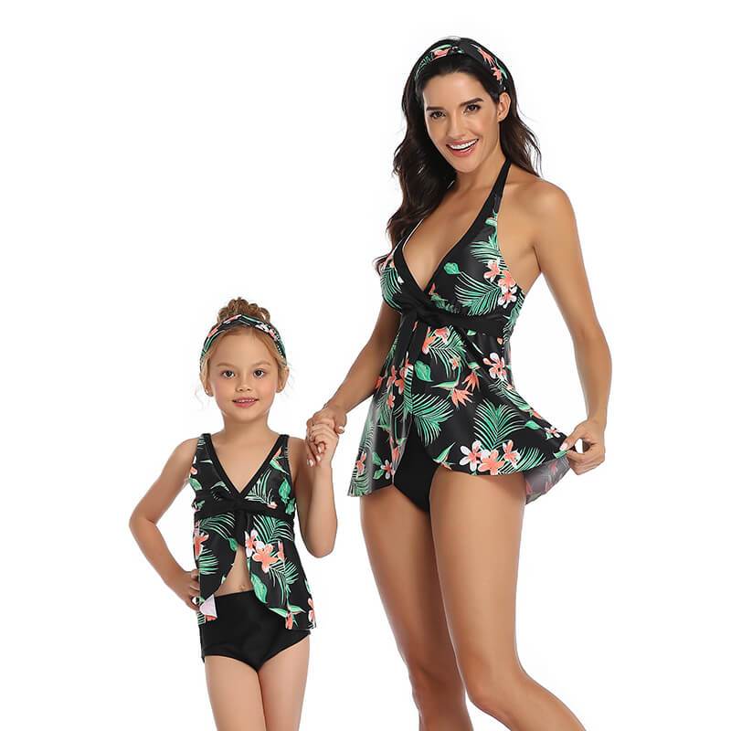 Tropical Flower V-Neck Backless 2 Piece Swimsuit Matching Swimsuits