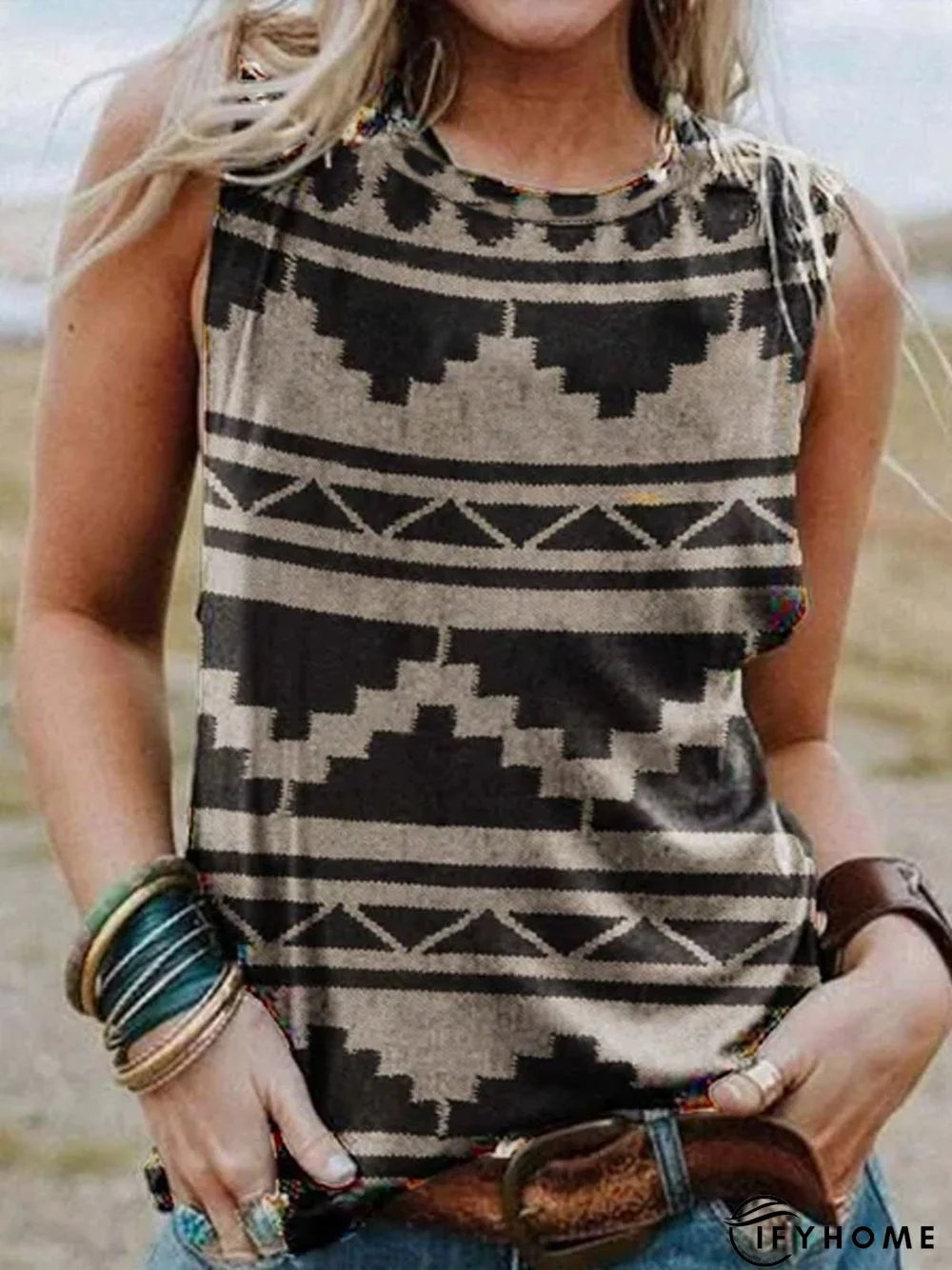 Printed Cotton-Blend Sleeveless Tribal Shirt & Top | IFYHOME