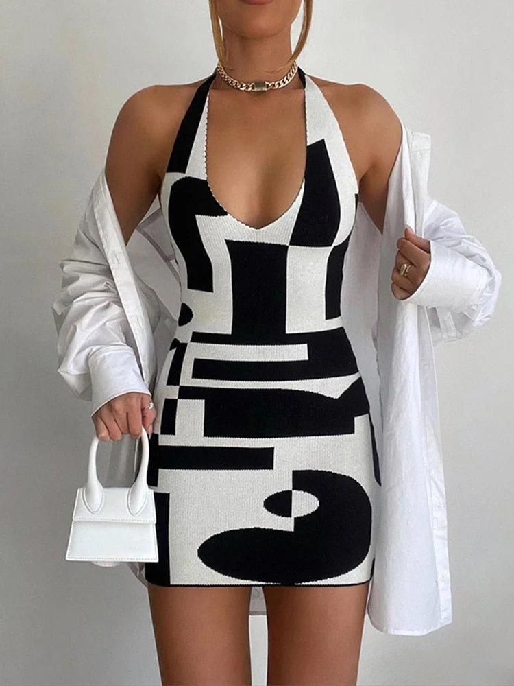 WannaThis Y2K Knit Mini Dress Plaid Print Halter Patchwork Backless Women Holiday Sexy Bodycon Fashion Summer Slip Dresses 2021