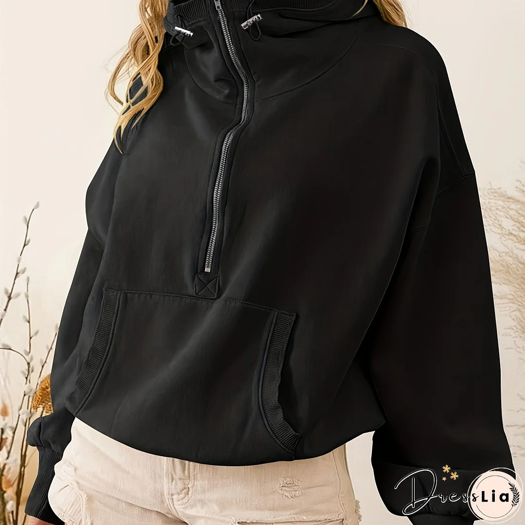 Half Zip Kangaroo Pocket Hoodie, Casual Long Sleeve Drawstring Hoodie Sweatshirt, Women's Clothing