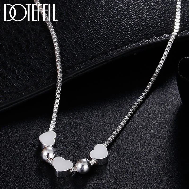 DOTEFFIL 925 Sterling Silver 18 Inch Smooth Beads Love Heart Pendant Box Chain Necklace For Women Jewelry