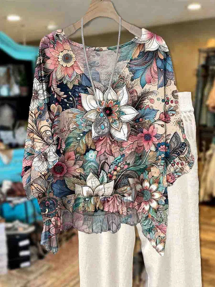 Women's Vintage Floral Print Casual Short Sleeve Comfortable Cotton Shirt