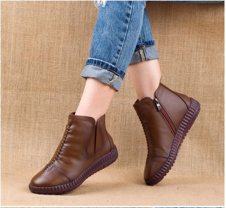 GKTINOO 2021 Winter Genuine Leather Ankle Boots Handmade Lady Soft Flat Shoes Comfortable Casual Moccasins Side Zip Ankle Boots