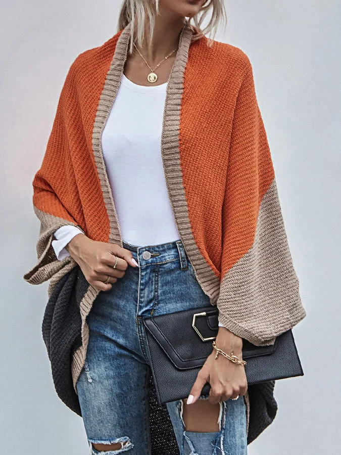 Women's Fall Fashion Batwing Sleeve Contrast Color Knit Cardigan Sweater Jacket