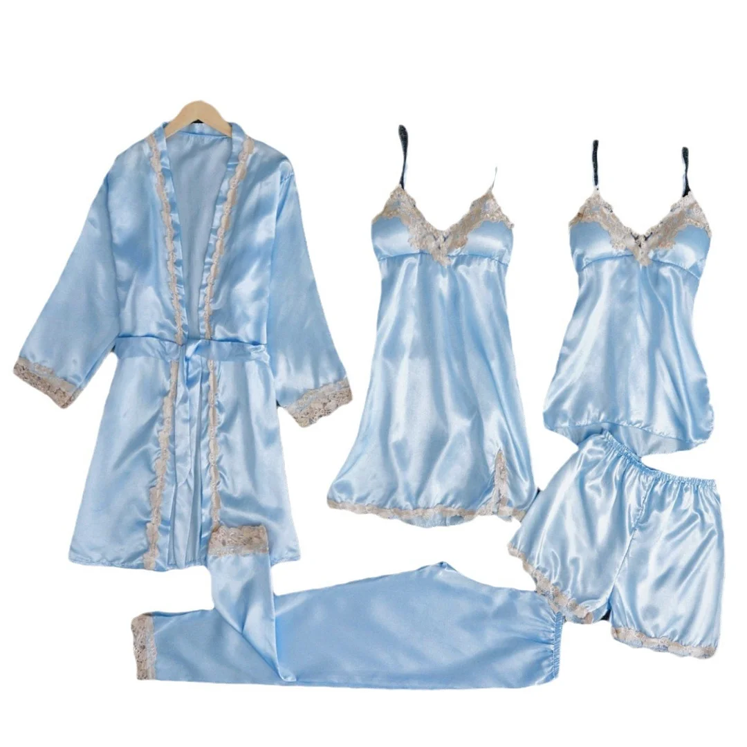 Brownm New Pajamas With Thoracic Silk Sexy Sling With Gold Lace Five-Piece Set Of Pajamas Thin Homewear