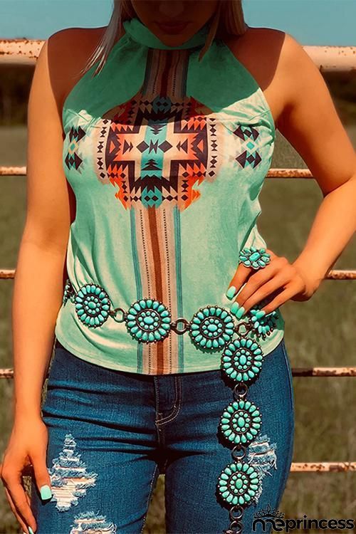 Ethnic Print Sleevelss T Shirt