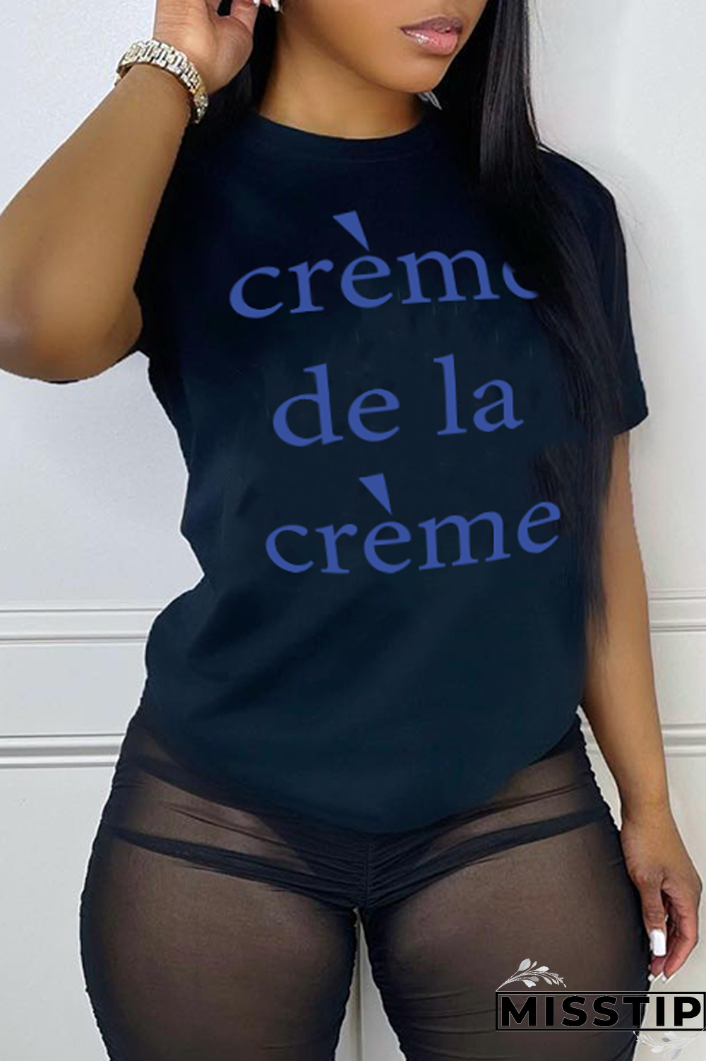 Black Street Print Letter O Neck T-Shirts