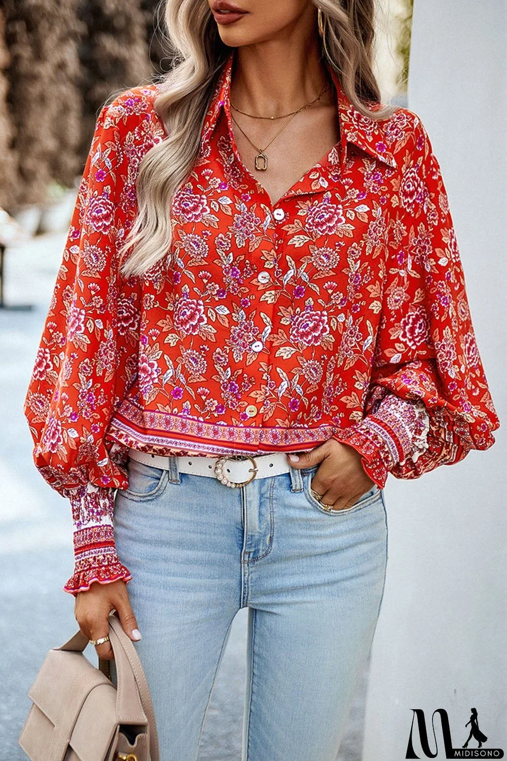 MidiSono - Printed Collared Neck Smocked Lantern Sleeve Shirt