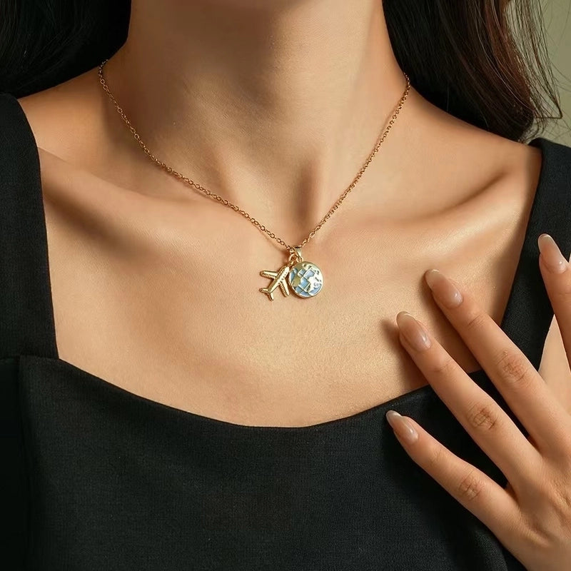 Vintage Style Classic Style Earth Travel Airplane 304 Stainless Steel Copper 18K Gold Plated Pendant Necklace