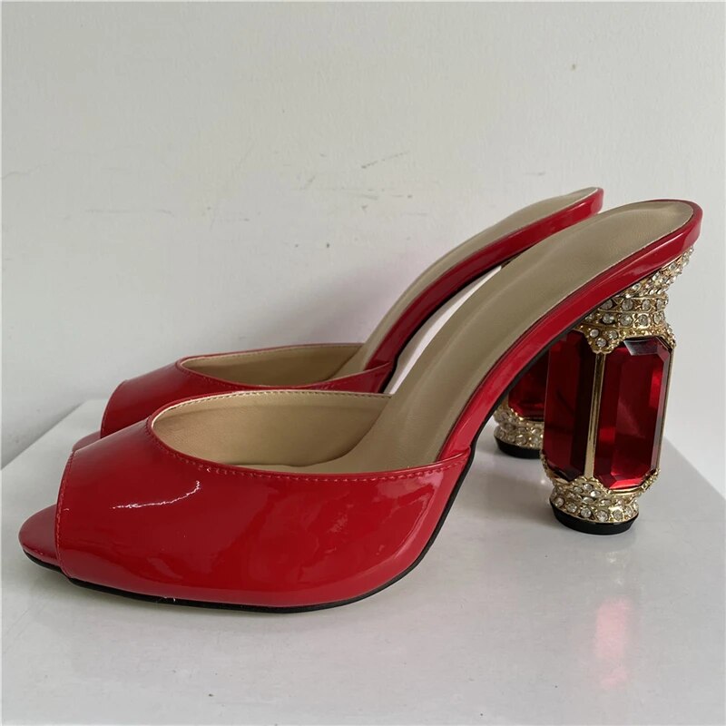 VCSHOES Jeweled Rhinestone Heel Sandals Women Peep Toes Red Patent Leather Diamond High Heels Runway Mules Lady