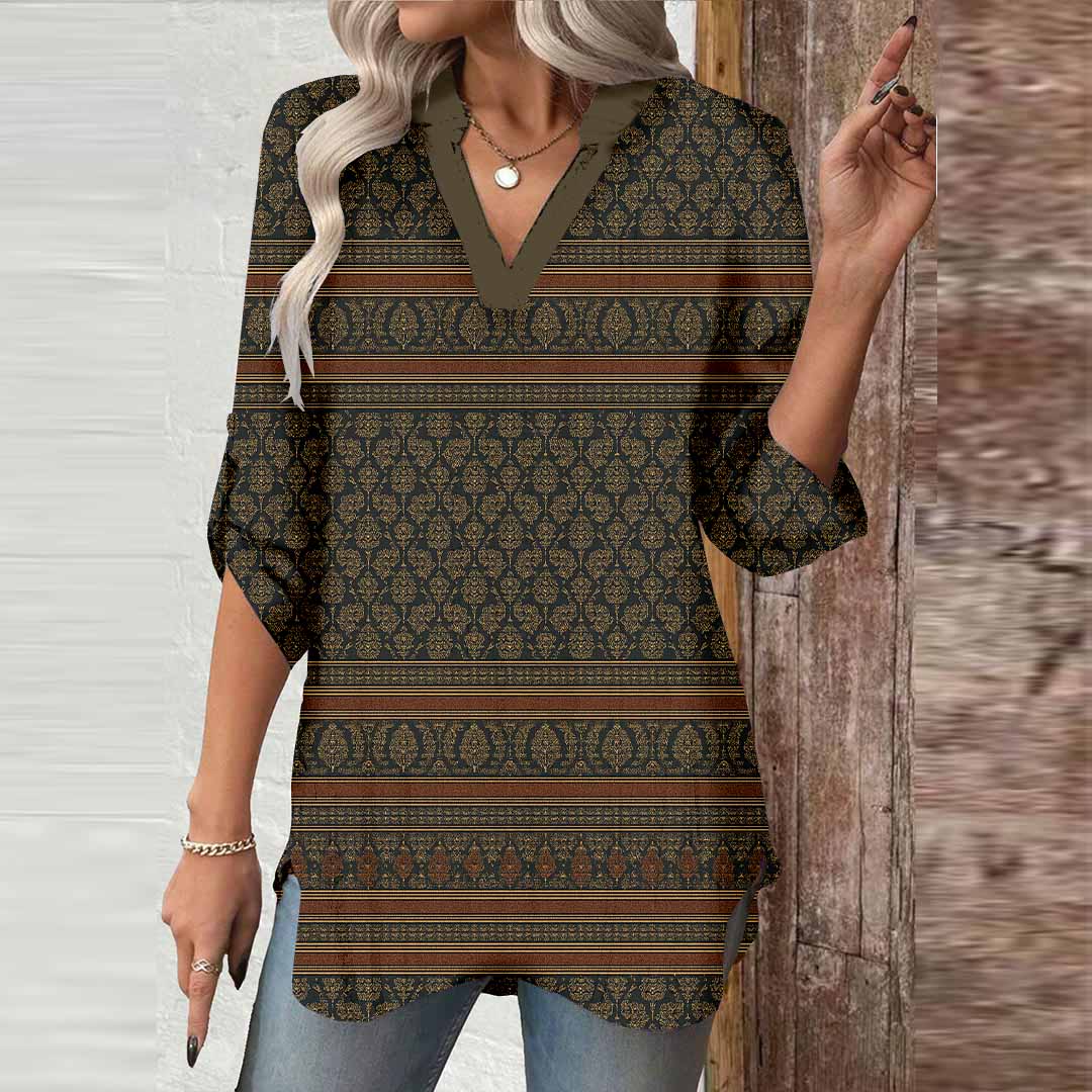 Women Bohemian,Black,Orange DZGA0284 3/4 Sleeve V-neck Printed Graphic Button Tops
