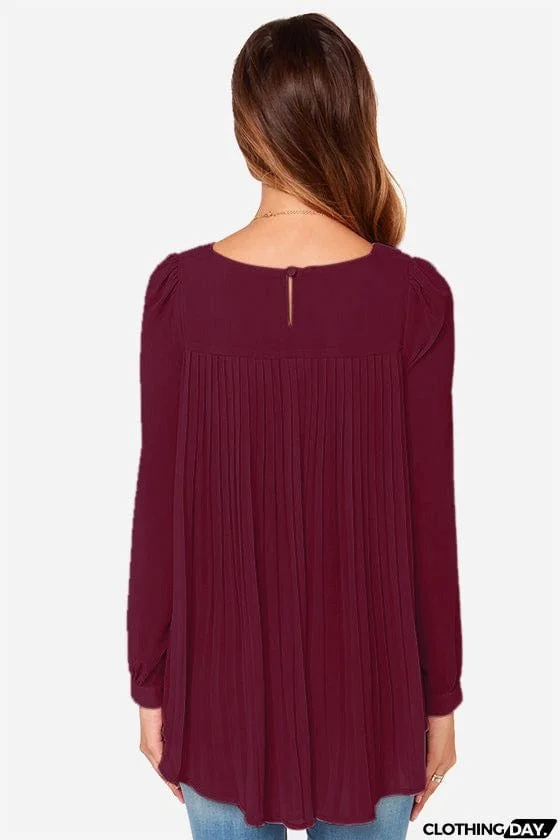 Full Size Round Neck Back Pleated Blouse