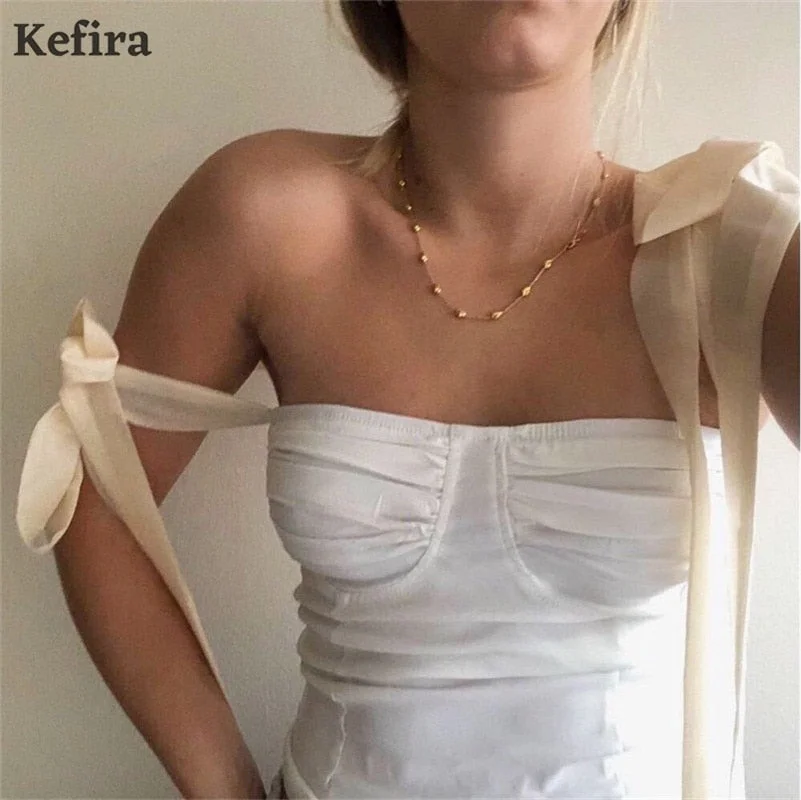 Jacuqeline Vintage White Lace Up Fairy Tank Top Women Chiffon Black Backless Slim Crop Top Fashion Street  Summer Clothing