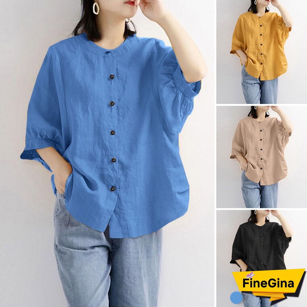 ZANZEA Cotton Tops Spring Autumn Shirt 3/4 Sleeve Single Breasted Button Shirt Blouse Vintage Clothes
