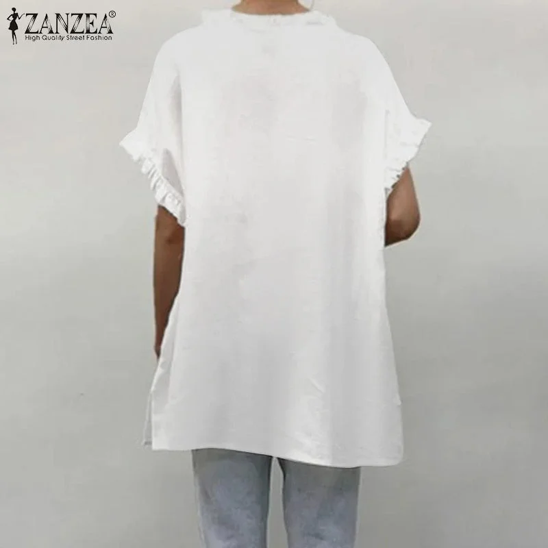 ZANZEA Fashion Women O Neck Short Sleeve Solid Shirt Elegant Ruffles Blouse Summer Tops Tunic Loose Casual Chemise Work Blusas