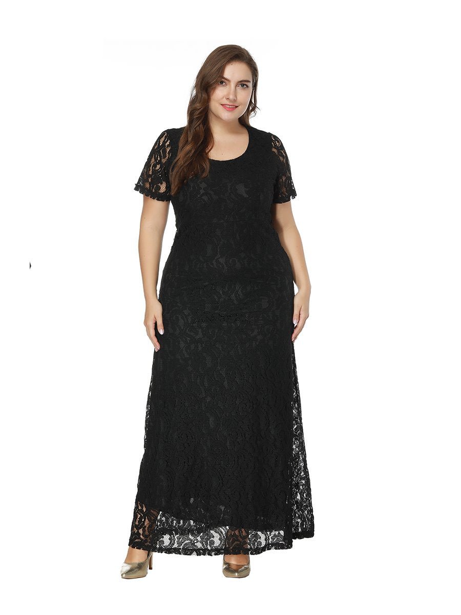 Plus Size Dress Hollow Out Short Sleeve Lace Full Dress