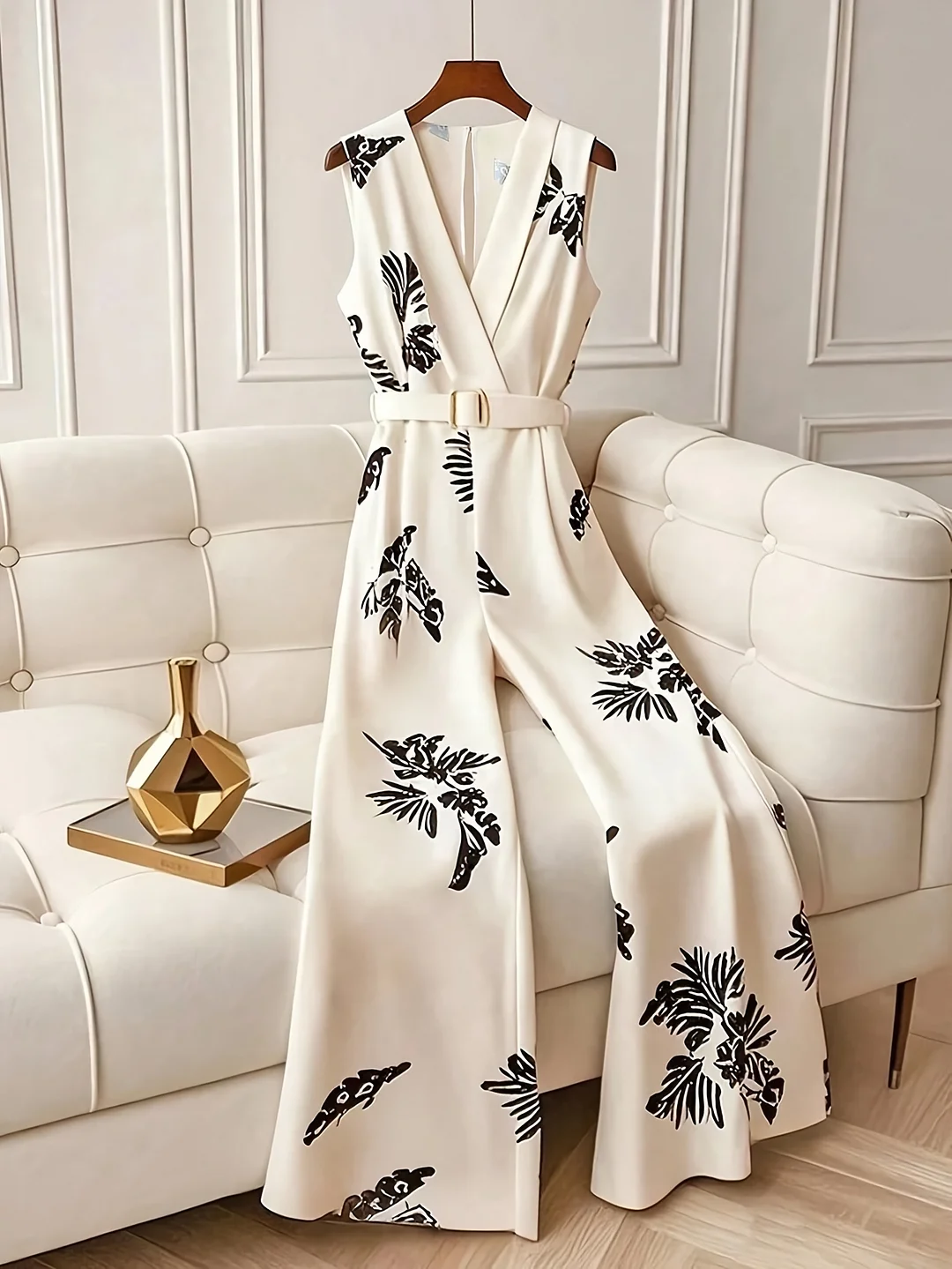 2025 Summer New Elegant Fashion Leaf Print High-Waisted Sleeveless Flared Pants For Women | IFYHOME