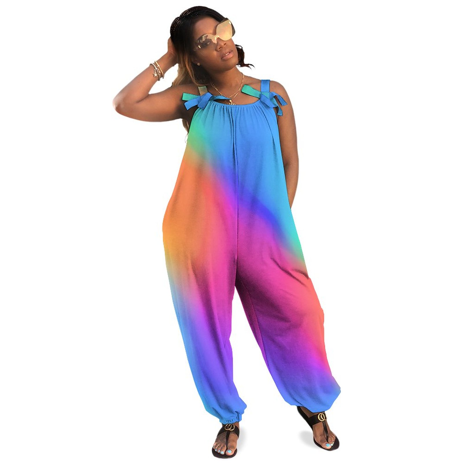 Vivid Holographic Plus Size Sleeveless Jumpsuit Summer Harem Pants Women Loose Fitting Slinky Jumpsuits Casual Long Length Pockets