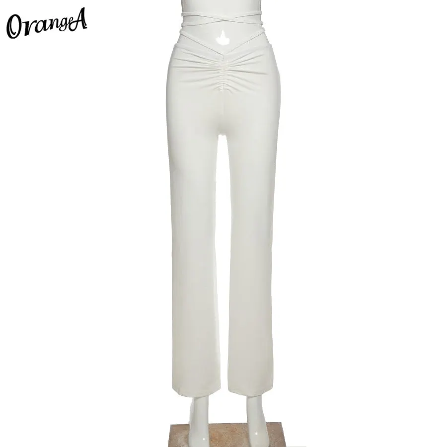 OrangeA 2021 Y2K Bandage Women Straight Pants Solid Elastic High Waist Slim Long Trousers 2021 Fashion Autumn Streetwear Outfits