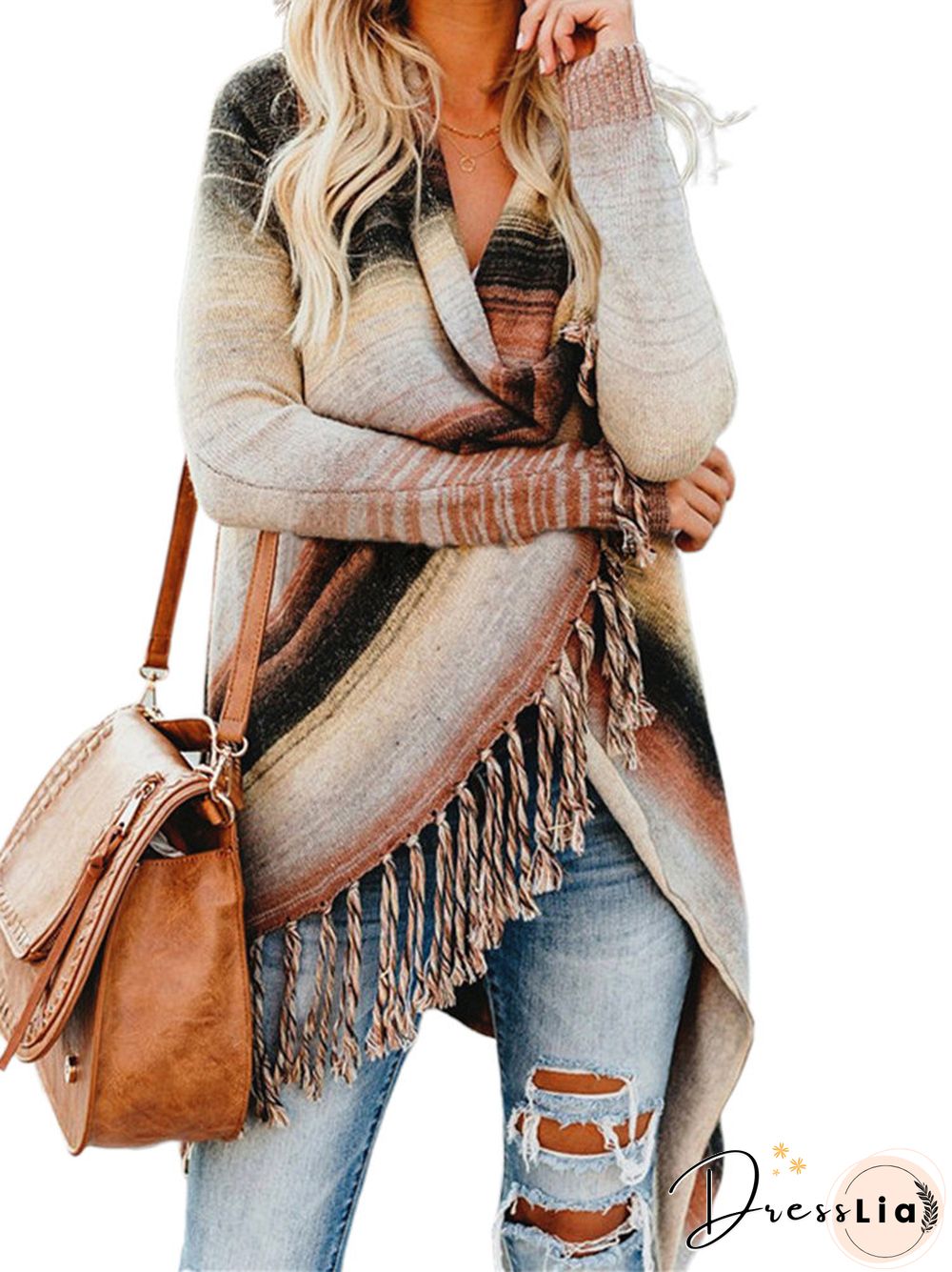 Striped Tessel Hem Long Sleeve Cardigan