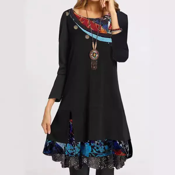 Wongn Wongn Dress Women's Print Loose Long Sleeved Round Collar Dress