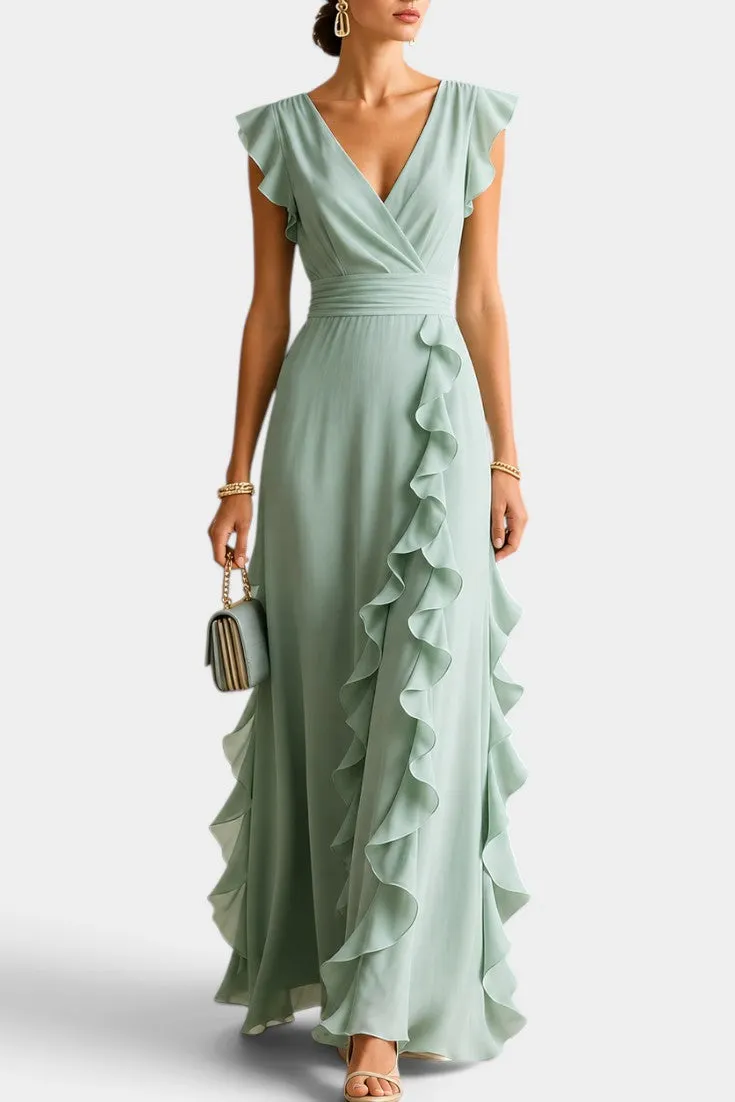 Wrap V-Neck Maxi Dress with Asymmetrical Ruffles