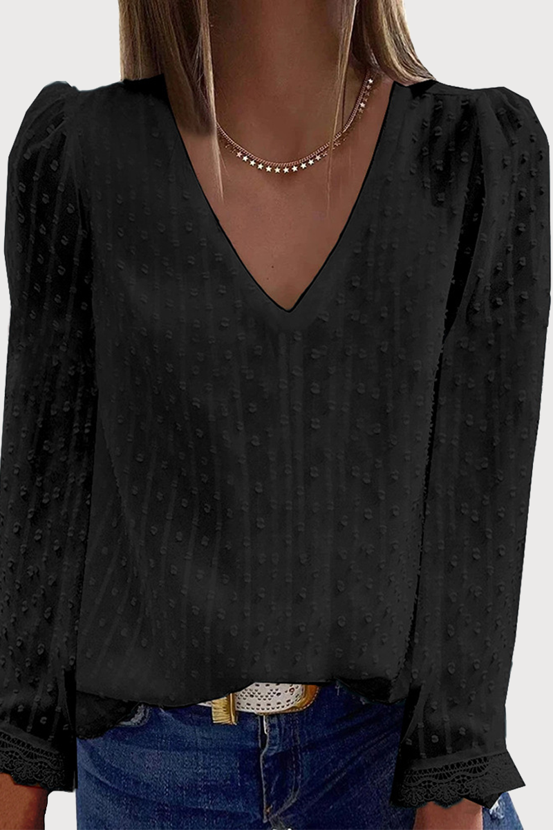 Casual Solid Lace Split Joint V Neck Tops(7 Colors)