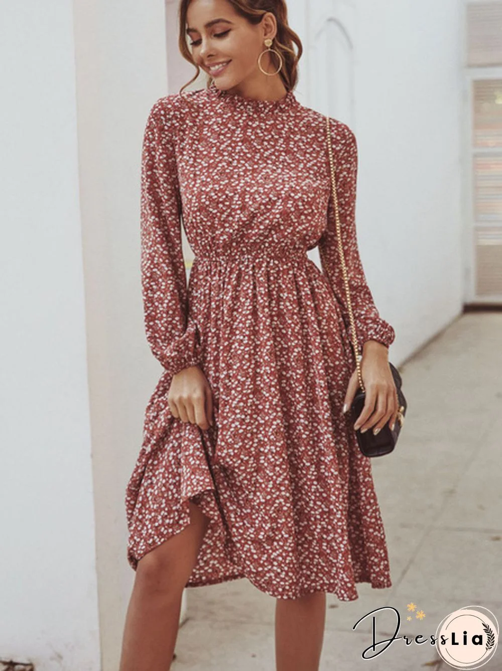 Disty Floral Mock Neck Elastic Wasit Dress