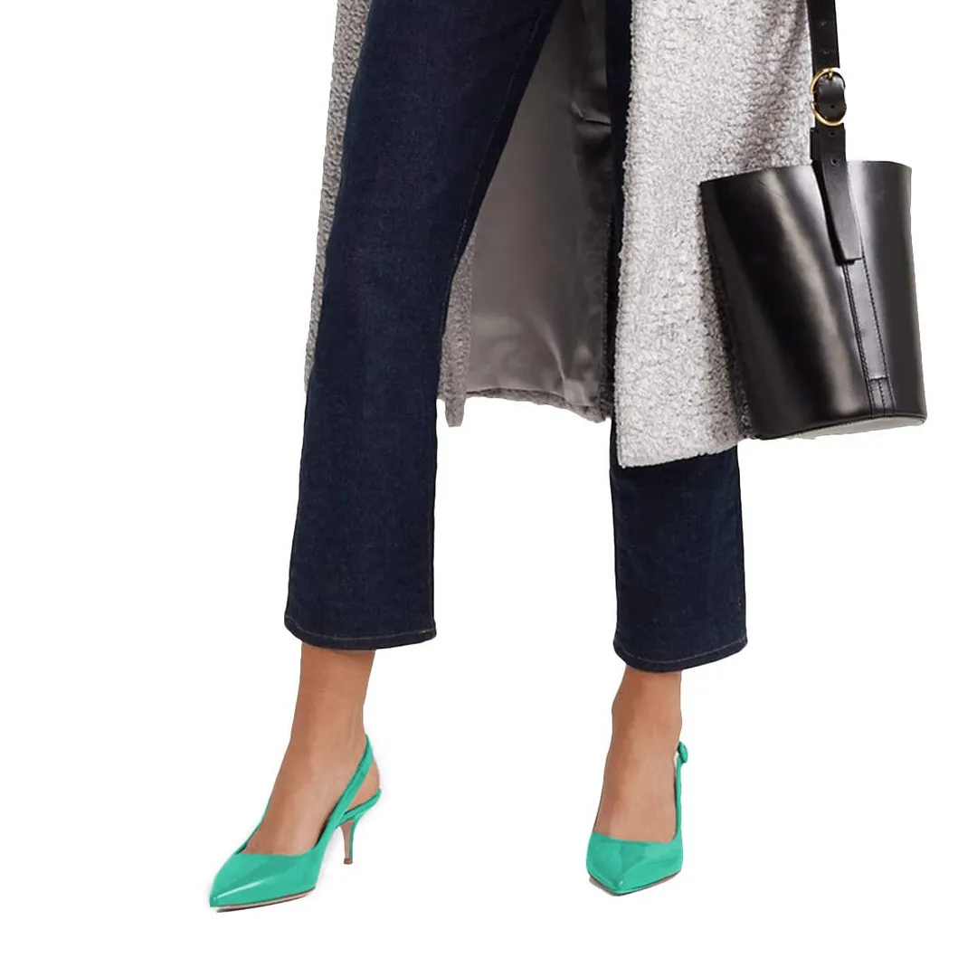 Patent Leather Kitten Heel Slingback Buckle Pumps Shoes in Turquoise