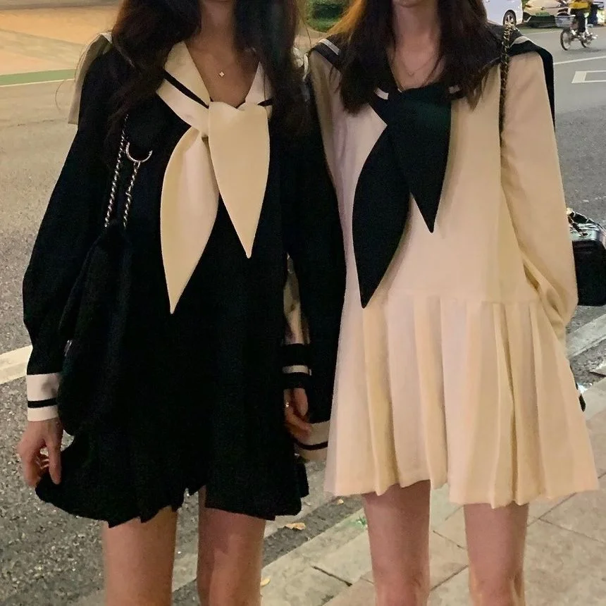Sailor Collar Long-Sleeve Pleated Mini A-Line Dress YP1590