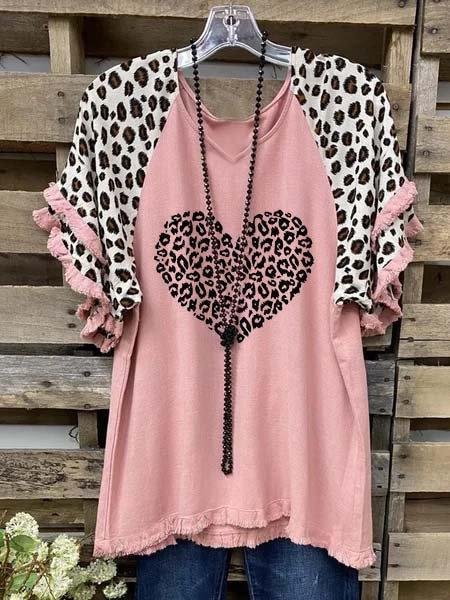 Cotton-Blend Leopard-Print Casual Short Sleeve Shirts & Tops