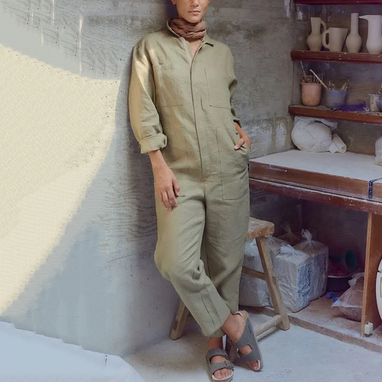 Utility Linen Button Up Casual Jumpsuit