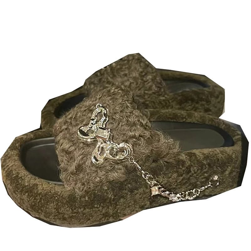 Women's Casual Solid Color Butterfly Open Toe Flat Sole Plush Slippers