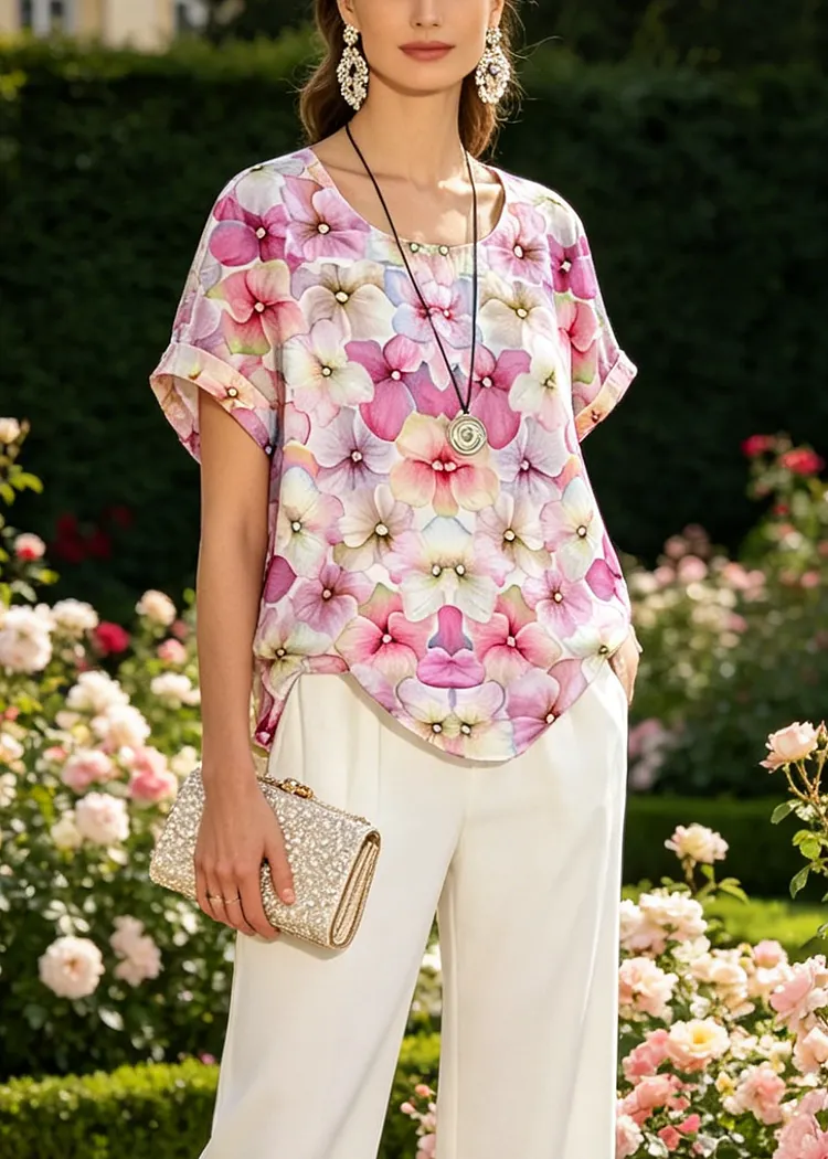 Women Pink O Neck Print Patchwork Linen T Shirt Top Summer