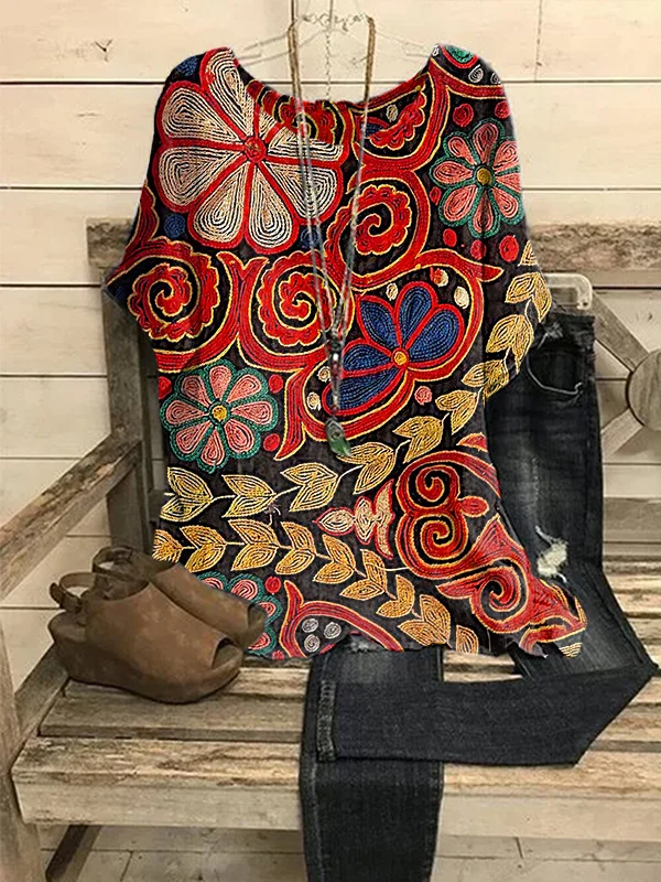 Retro Floral Printed Women's Tops