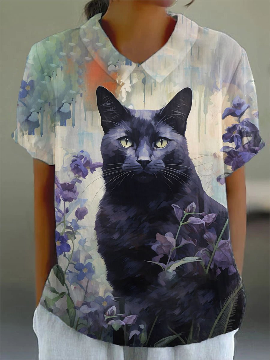 Women's Black Cat Flower Print Casual Cotton And Linen Shirt