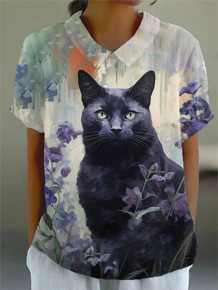 Women's Black Cat Flower Print Casual Cotton And Linen Shirt