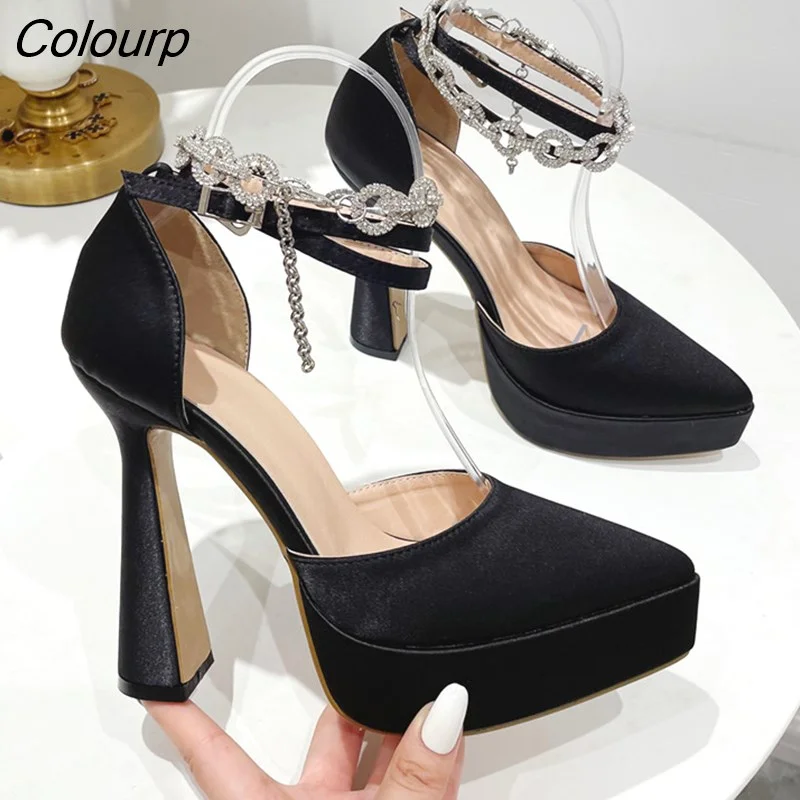 Colourp Brand Satin Platform Wedges Women Pumps Ankle strap Crystal Chains High heels Spring Summer Female Casual Chunky Shoes
