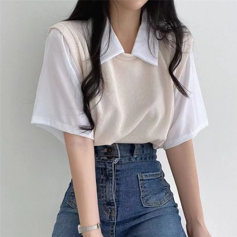 Uveng Uveng Summer Polo Lapel Fake Two College Wind Contrast Color Short-Sleeved T-Shirt Women's Loose Casual Versatile Top Ins