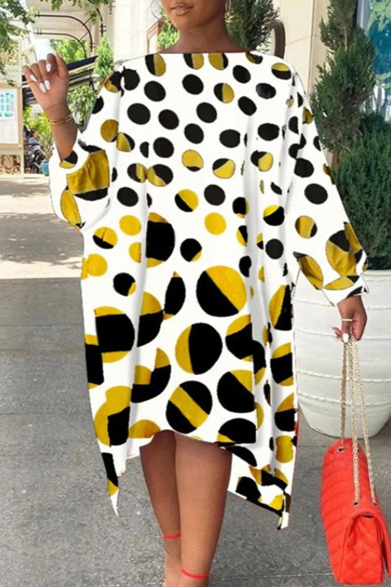 Fashion Print Polka Dot Split Joint Asymmetrical Off the Shoulder Straight Dresses
