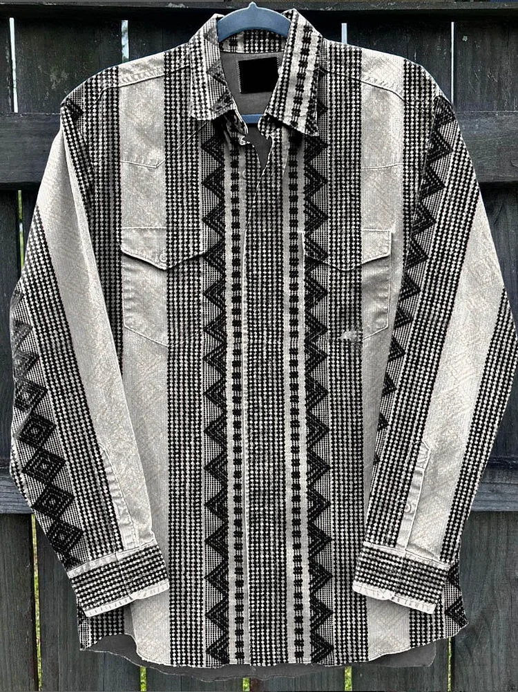 Men's Black and White Stripes Vintage Stripe Print Casual Shirt
