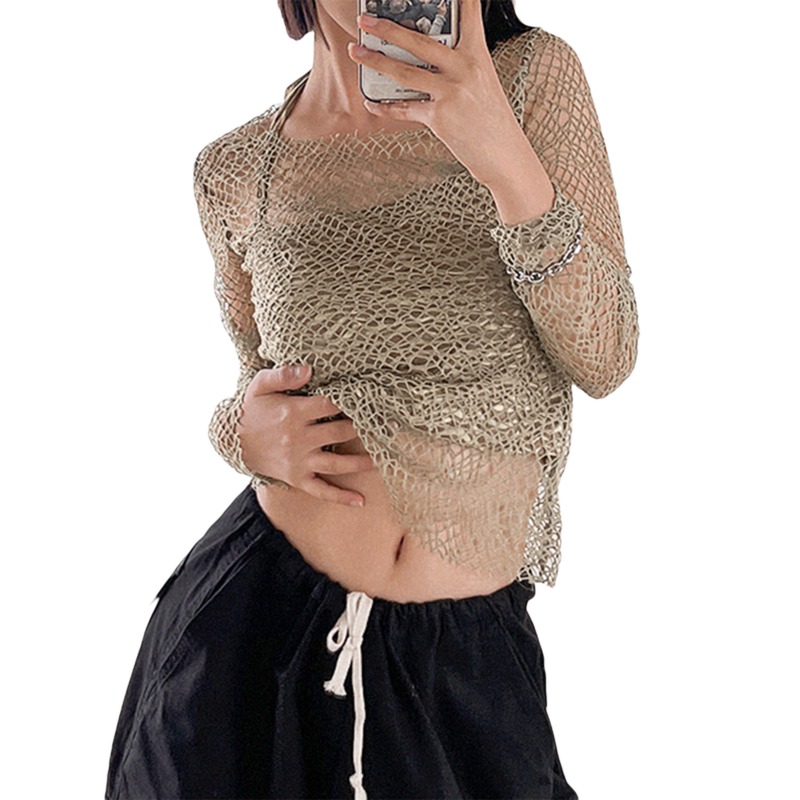 Ootddress Hollow Out Casual Beach Cover up Y2k Top For Women Sexy Off-Shoulder Crochet Holiday Crop top See-Through High Street Top