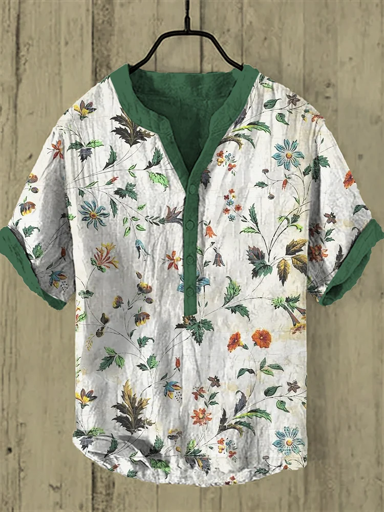 Men's Retro Flower Plant Pattern Half Button Linen Blend Shirt