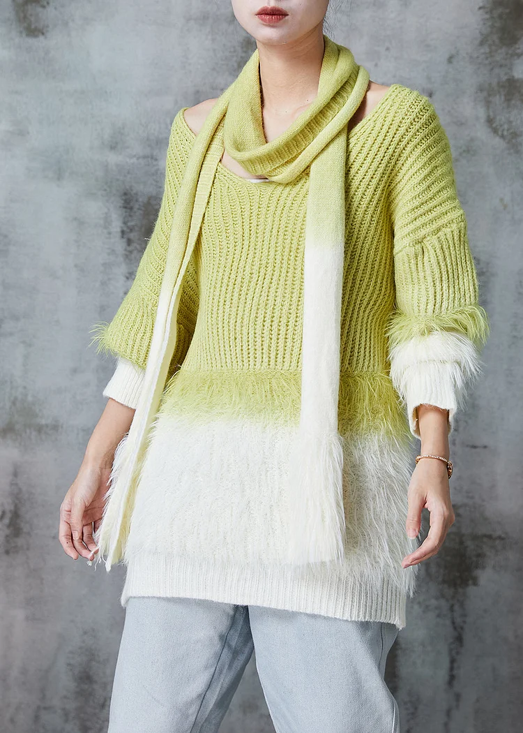 Women Grass Green Oversized Gradient Color Mink Velvet Knitted Sweaters Winter