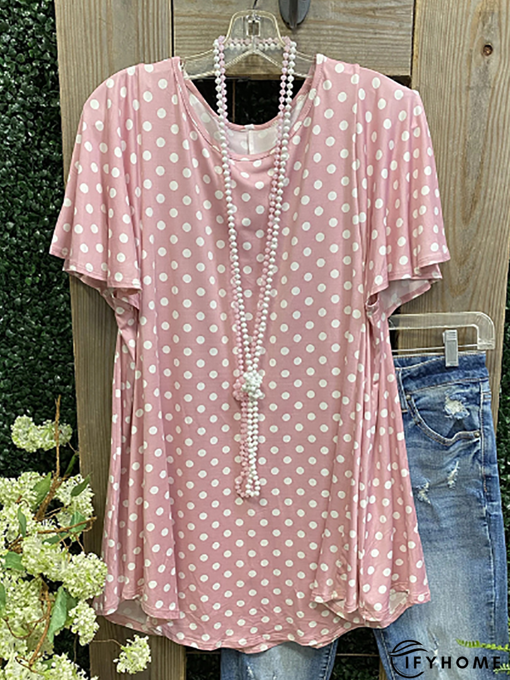 Pink Crew Neck Short Sleeve Cotton-Blend T-shirt | IFYHOME