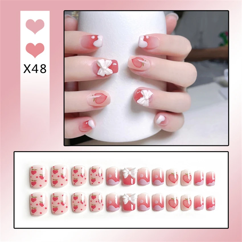 Bayuyun 24Pcs/Set Coffee Leopard French Fake Nails with Diamonds Japan Korean Artificial Acrylic Press on Nails Removable Stick on Nails