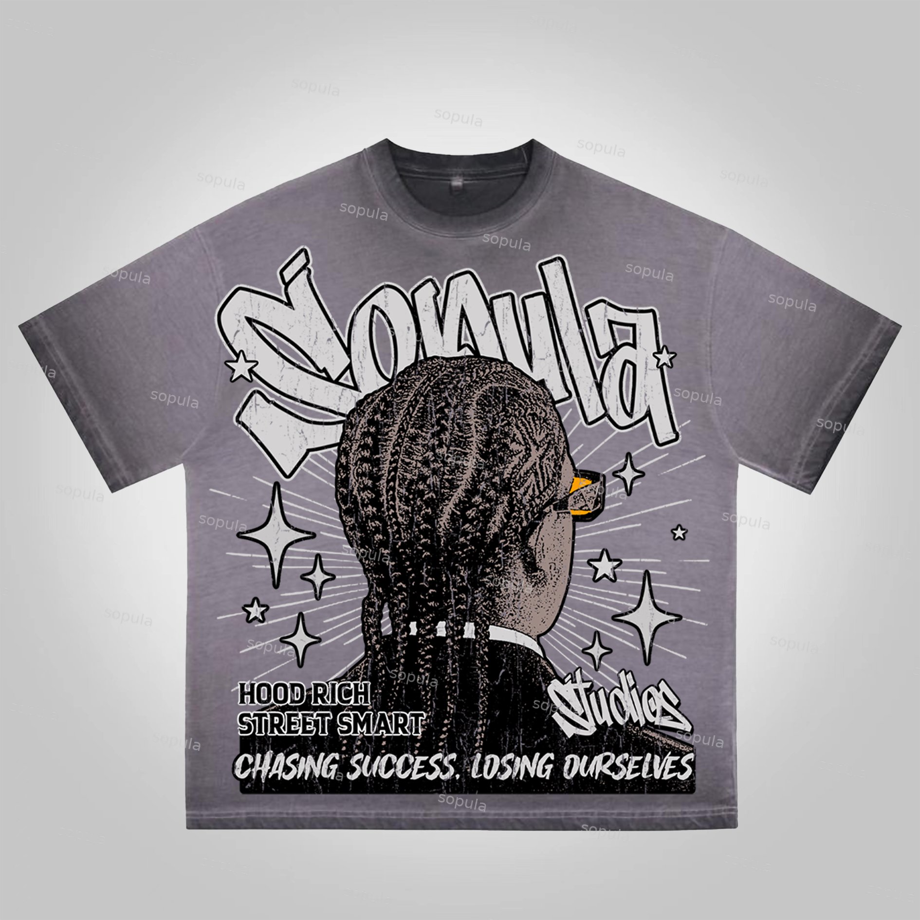 Sopula Street Dirty Braided Characters Make Vintage Graphics Washed Cotton T-Shirt