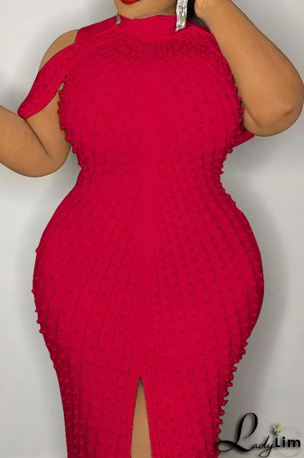 Red Fashion Casual Solid Slit Beading Mandarin Collar Pencil Skirt Plus Size Dresses