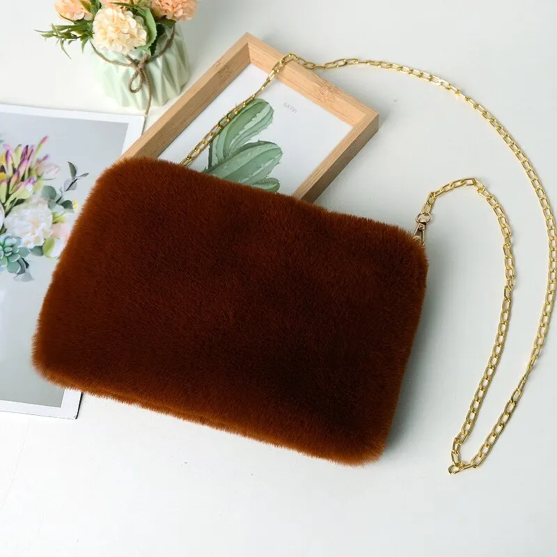 2021 Faux Fur Winter Women Shoulder Crossbody Bag Fashion Square Shaped Bag Female Chain Winter Warm Messenger Bag Plush Handbag