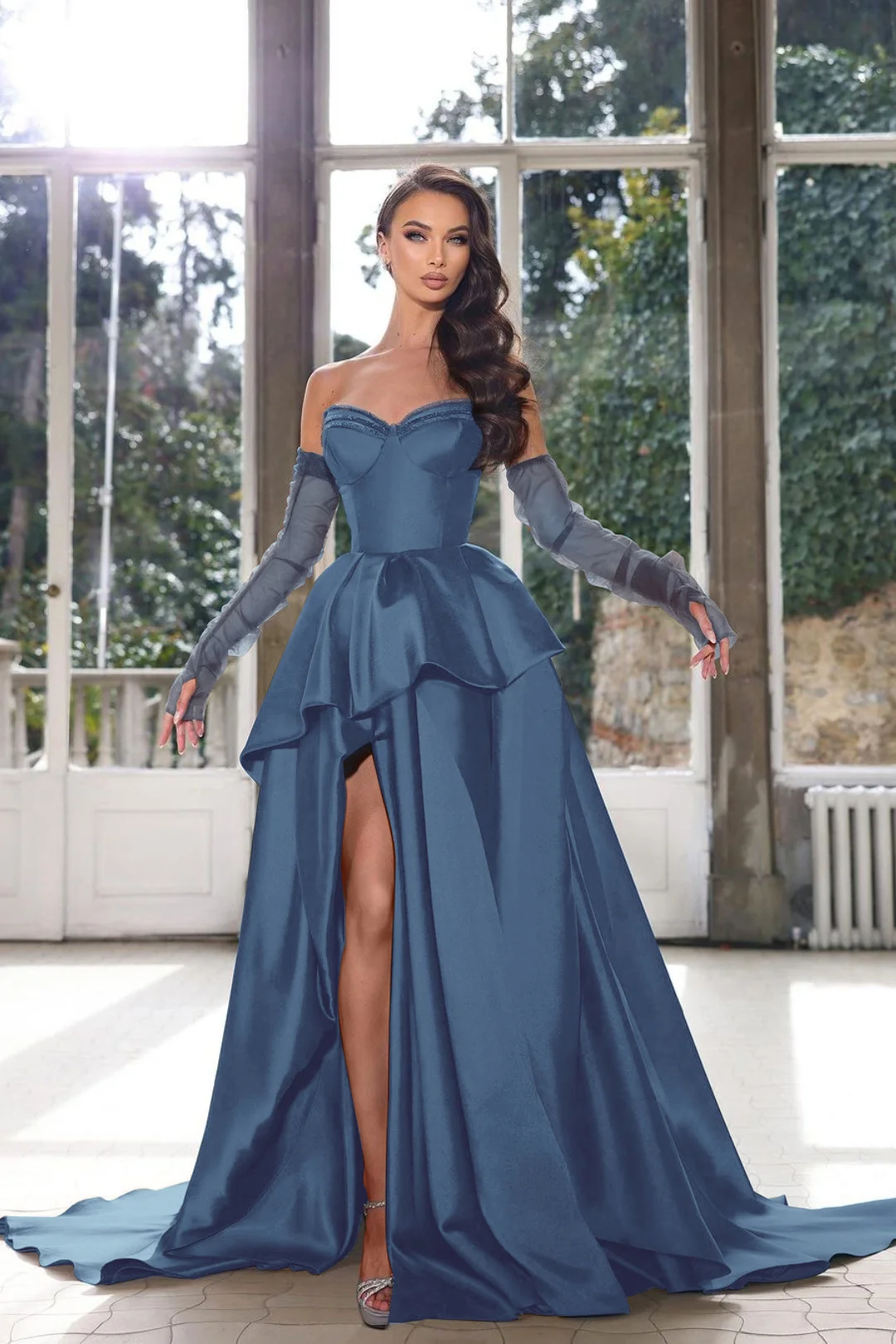 Lussooy Glamorous Ink Blue Half Sleeves Prom Dress Strapless With High Slit Gown